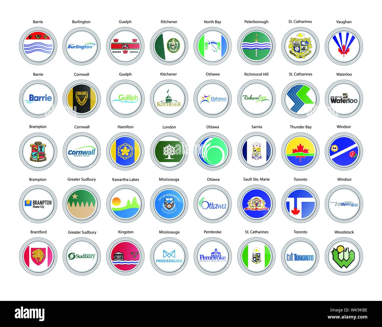 Satz von Vector Icons. Städte von Kanada Flaggen (Provinz Ontario). Vektor. Stock Vektor