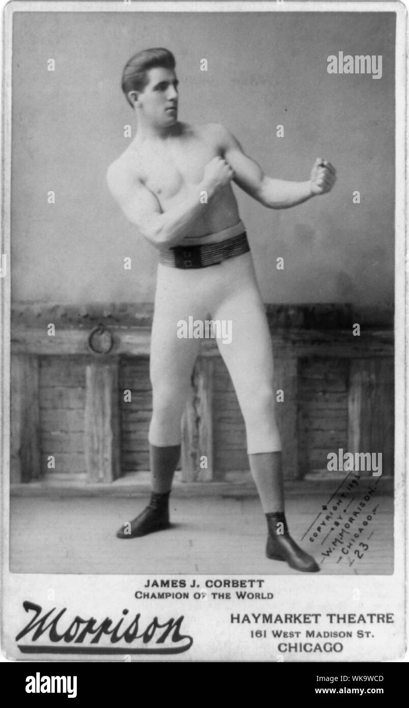 James John Corbett, full-length Portrait, stehend, nach rechts; mit den Fäusten angehoben Stockfoto James John Corbett, full-length Portrait, stehend, nach rechts; mit den Fäusten angehoben Stockfoto