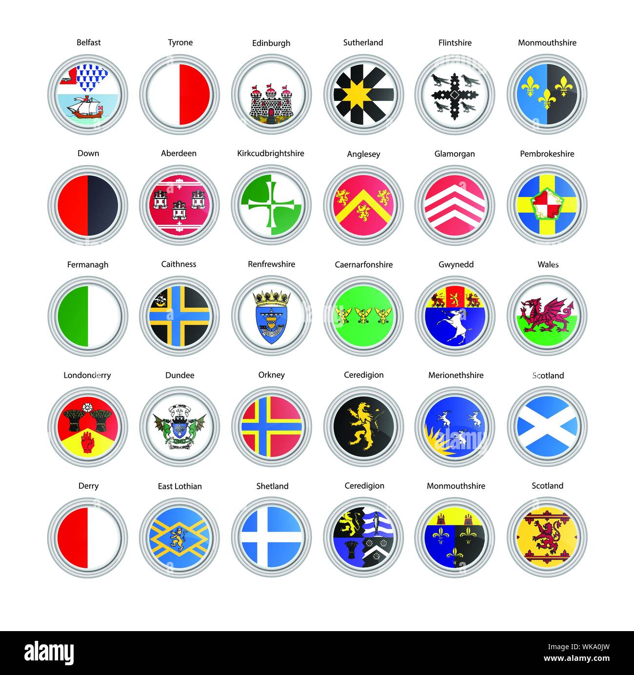 Satz von Vector Icons. Grafschaften von Nordirland, Schottland und Wales Fahnen. 3D-Darstellung. Stock Vektor