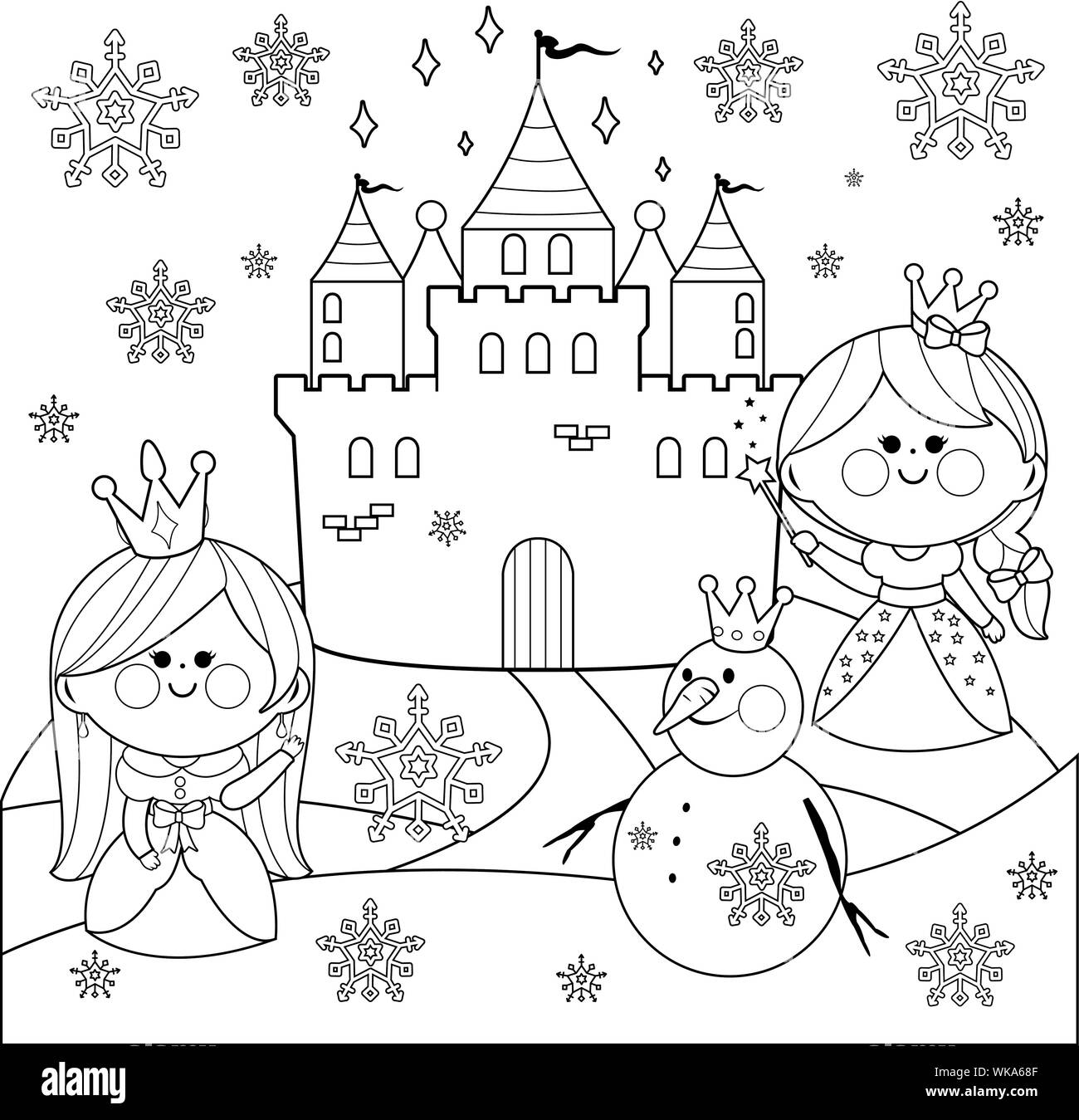 Schöne Prinzessinnen in einer verschneiten Landschaft mit einem Schloss und einem Schneemann. Schwarze und weiße Färbung. Stock Vektor