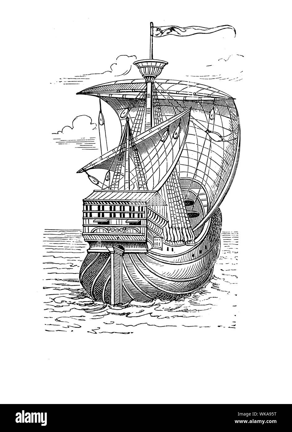 Santa Maria Kolumbus' Flaggschiff, einem mittelgroßen Nau ähnlich mit Schloss, Single Deck und drei kleine Masten zu caravel Stockfoto