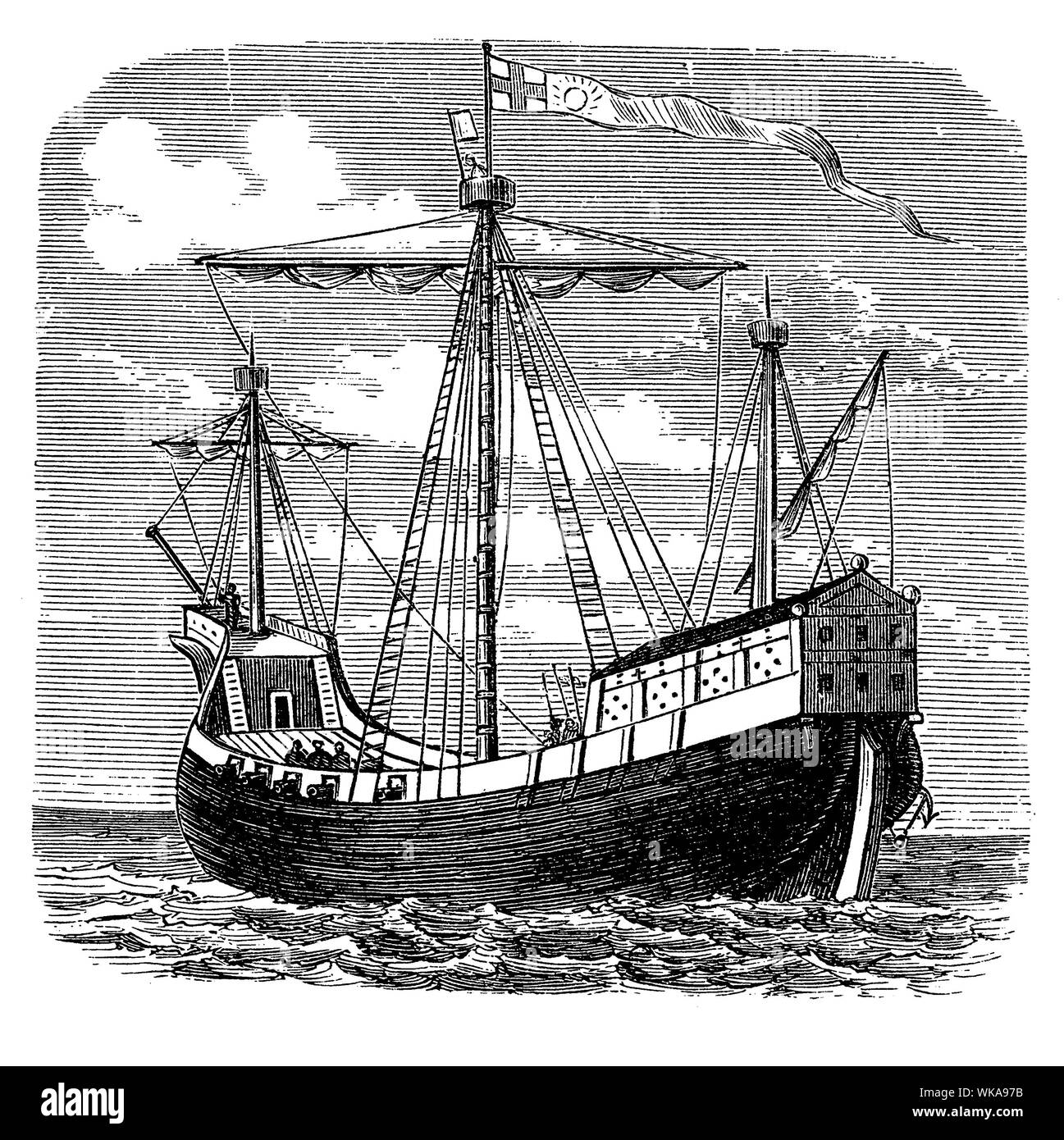 Englisch Mann des Krieges des 15. Jahrhunderts, mächtige kriegsschiff oder Fregatte bewaffnet mit Kanone und Angetrieben vor allem durch die Segel, wie im Gegensatz zu einer Bordküche Stockfoto