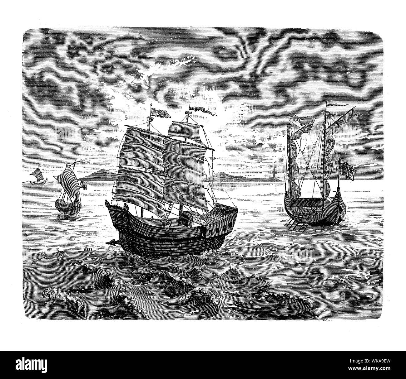 Carrack Schiffe der spanischen Expedition durch die Portugiesische Entdecker Ferdinand Magellan geboten, um die Welt zu umrunden, Stockfoto