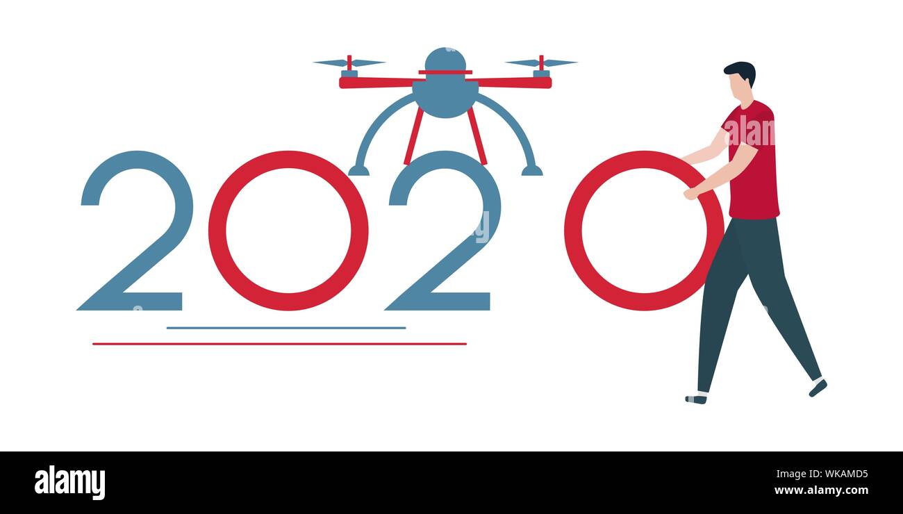 Vector Illustration. Drone und bringen Menschen Zahlen für 2020. Neues Jahr Hintergrund. Design für Webseiten, Präsentationen, drucken. Stock Vektor