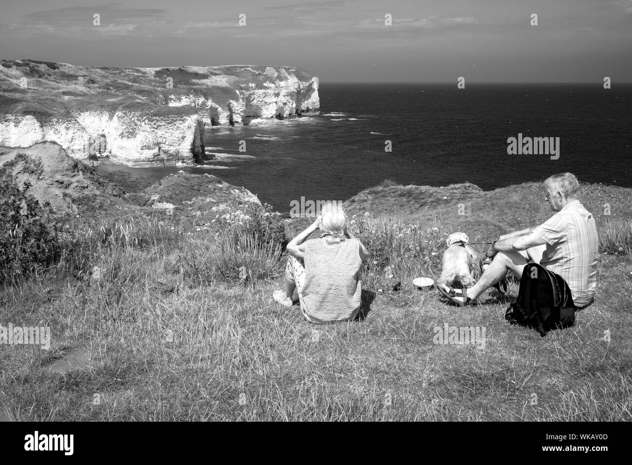 Ein paar und ihren Hund ruht auf den Klippen bei Flamborough Head, Yorkshire, Großbritannien Stockfoto