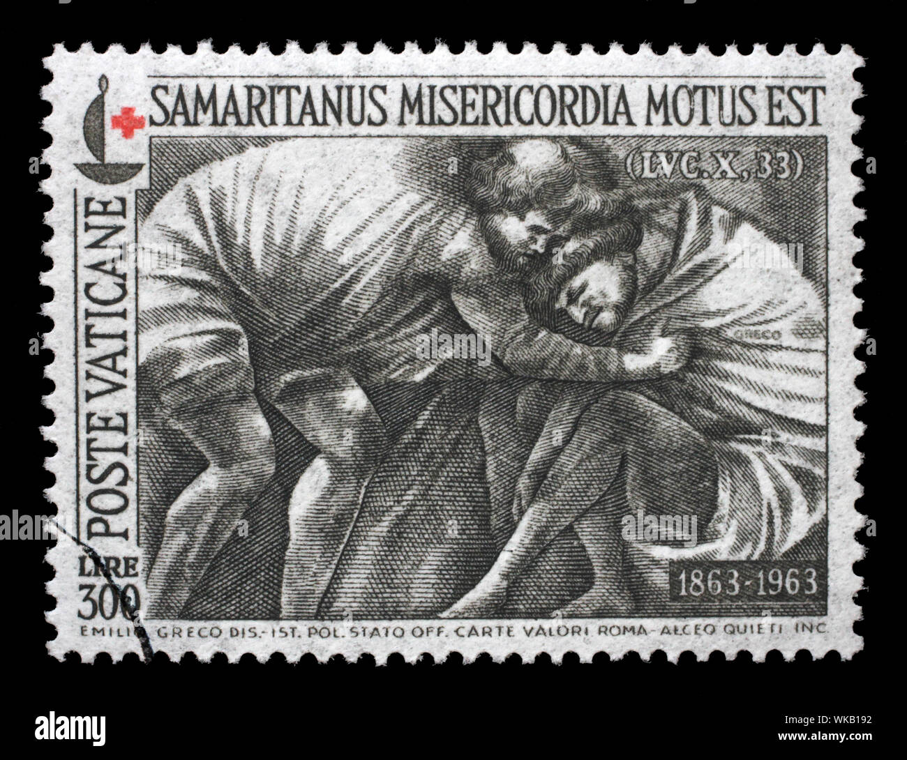 Stempel gedruckt in Vatikan zeigt "Der Barmherzige Samariter" durch Sizilianische Bildhauers Emilio Greco, Rotes Kreuz, circa 1964. Stockfoto