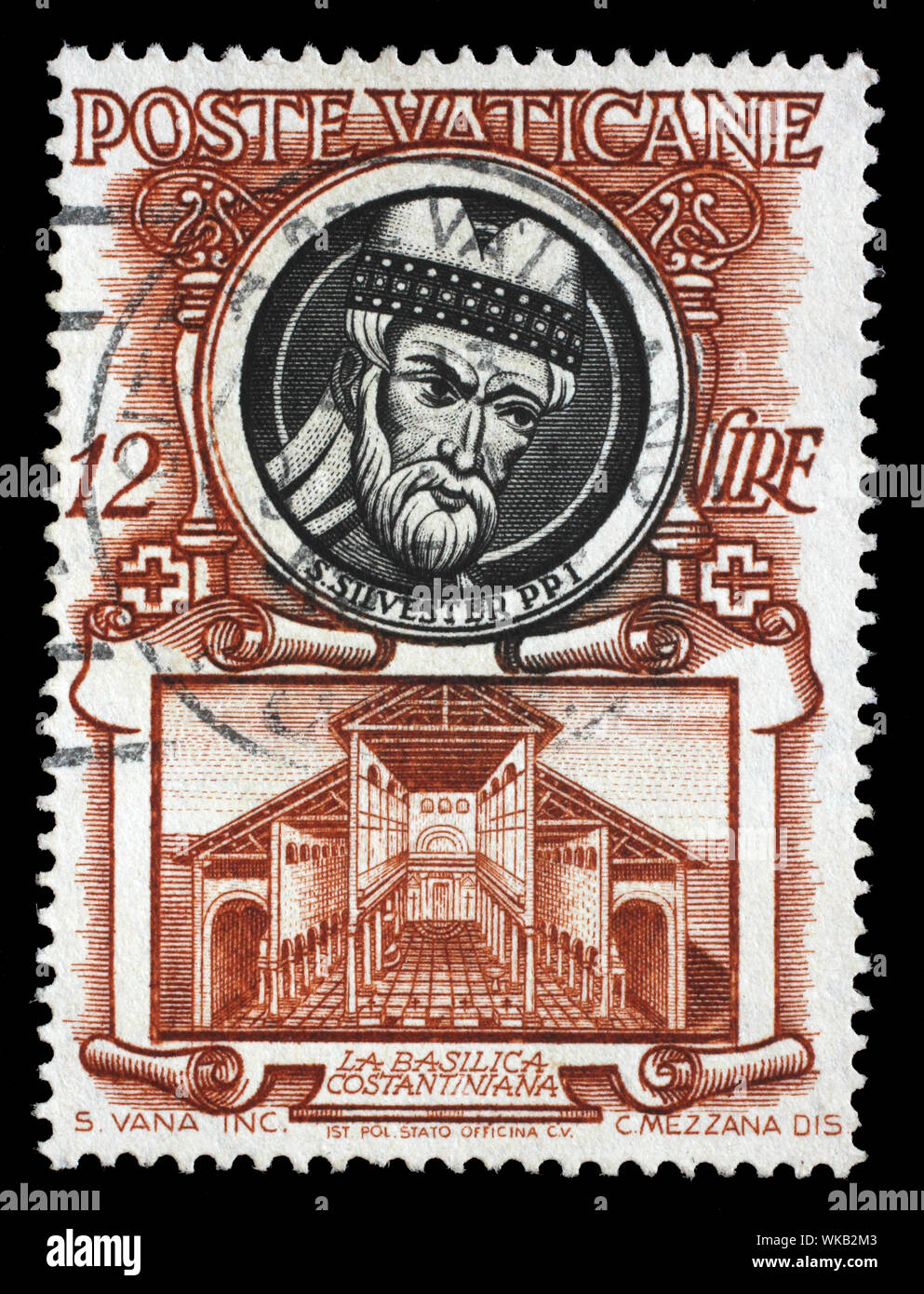 Stempel im Vatikan ausgestellt zeigt Papst St. Sylvester I und Basilika Constantiana, circa 1953. Stockfoto