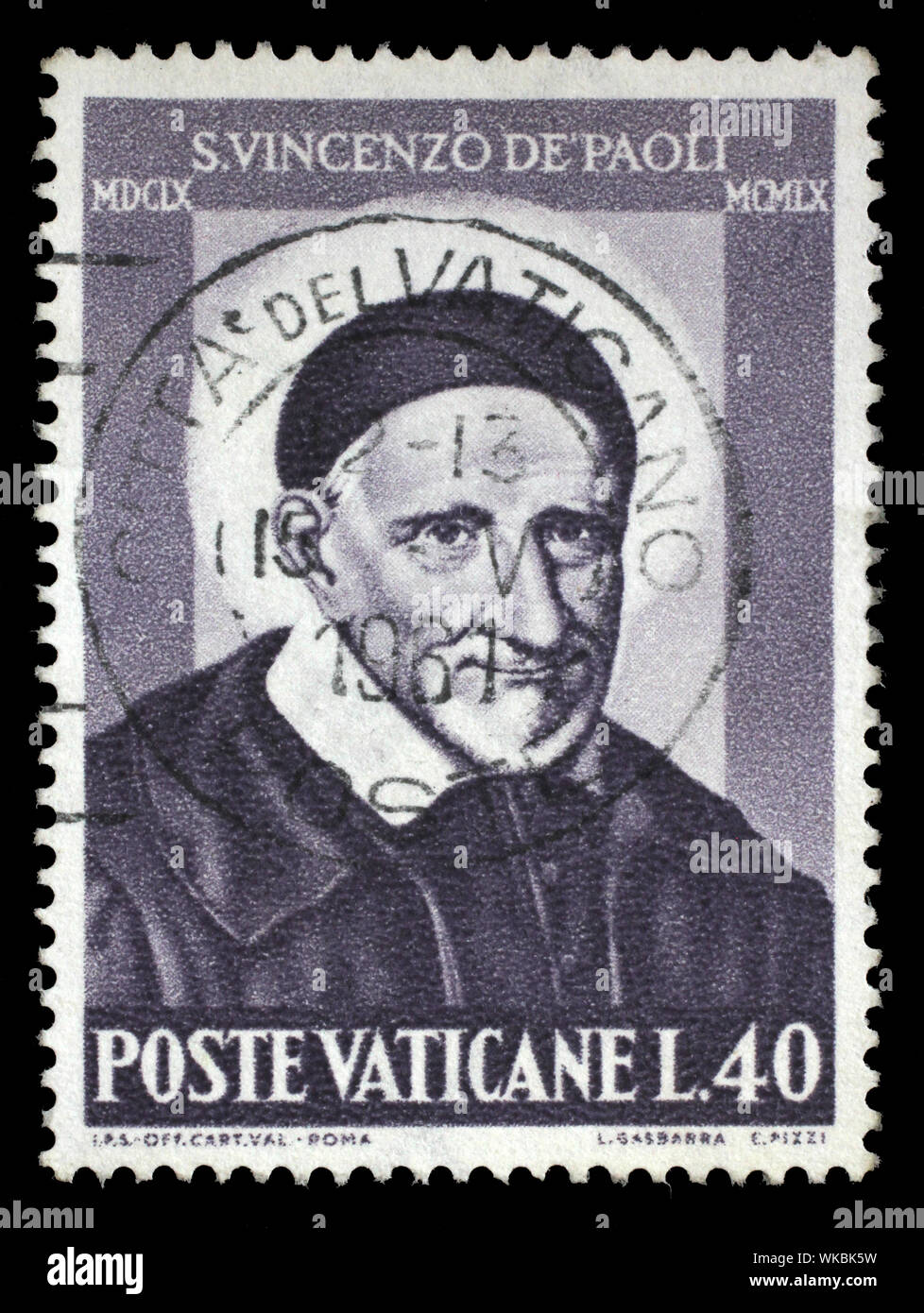 Stempel im Vatikan ausgestellt zeigt Saint Vincent de Paul, 3 100-Jahrfeier der Geburt, um 1960. Stockfoto
