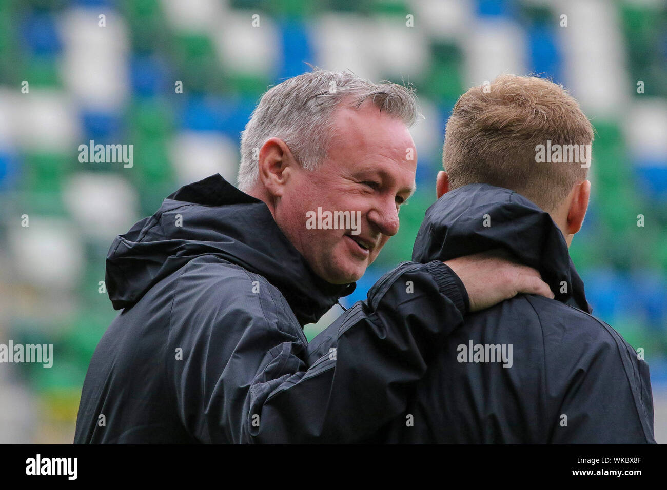 Windsor Park, Belfast, Nordirland. 04. September 2019. Nordirland Ausbildung in Belfast heute Morgen vor ihren internationalen Fußball Freundschaftsspiel gegen Luxemburg morgen Abend im Stadion. Nordirland Manager Michael O'Neill am Morgen. Quelle: David Hunter/Alamy Leben Nachrichten. Stockfoto