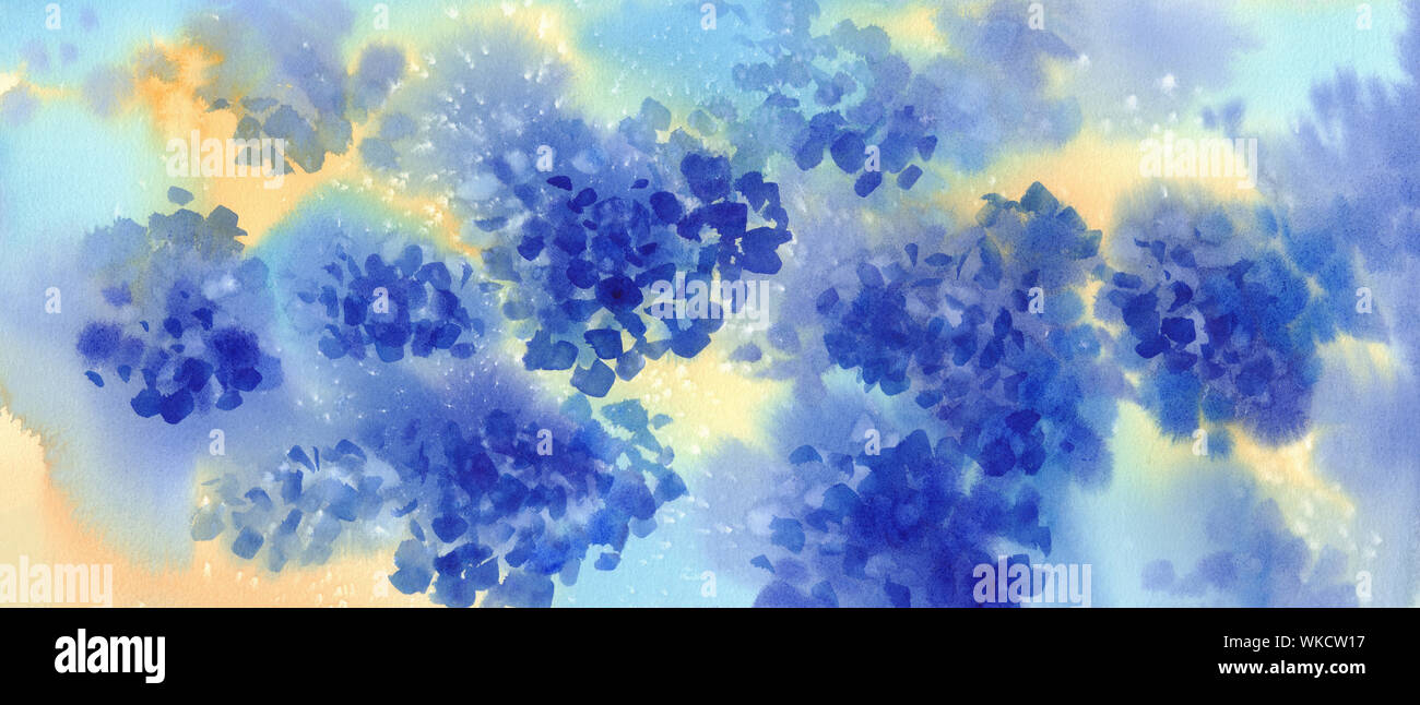 Ein Bouquet von blauen Blüten, Hortensien aquarell Abbildung. Herbst Blumen Hintergrund Stockfoto