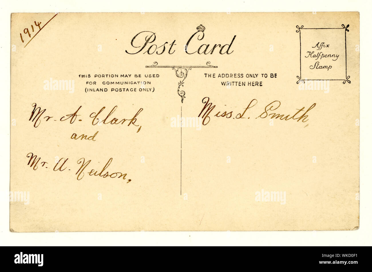 Rückwärts Anfang 1900 Postkarte, datiert 1914, Großbritannien Stockfoto