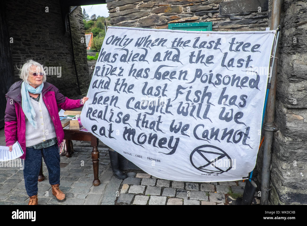 Aussterben Rebellion, Förderer, Unterstützer, Sammeln, Signaturen, für, einen, Kampagne, zu zeigen, Unterstützung, für, Klima, Notfall, Bewusstsein, in, Machynlleth, Wales Stockfoto