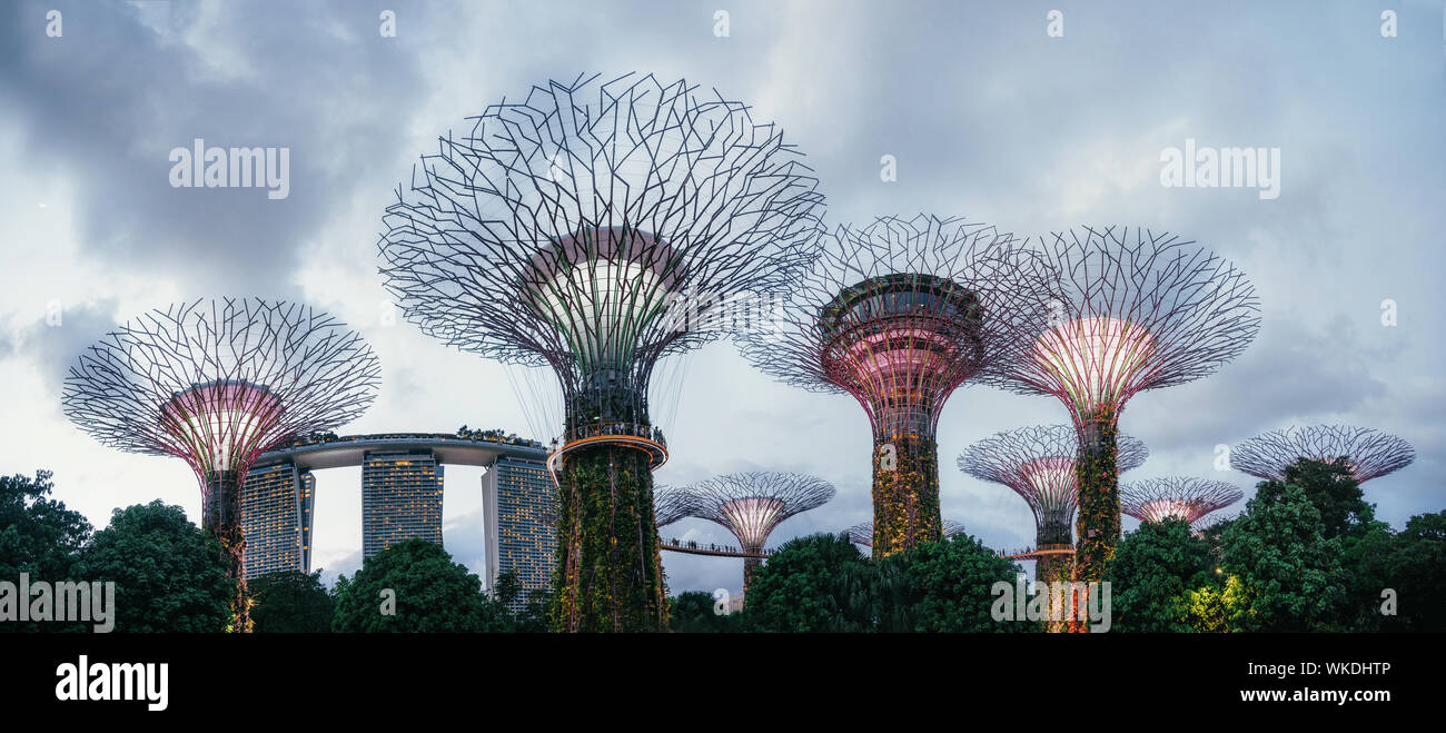 Singapur - April 2, 2018: Panoramablick auf die Supertrees an Gärten durch die Bucht und die Marina Bay Sands in der Nacht Stockfoto