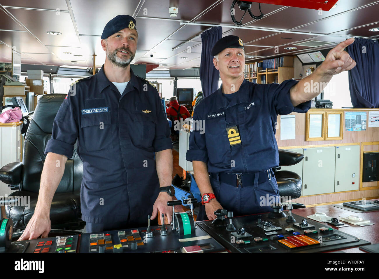 Glasgow, UK. 4. September 2019. Die faslane auf der Grundlage der NATO-U-Boot Rescue System (NSRS) war bei der Vorbereitung von Glasgow's King George V Dock zu setzen teil, die in der Übung goldenen Pfeil auf dem Firth of Clyde mit den Teams, die den Betrieb der neue einzigartige Rescue System, gemeinsam mit Großbritannien, Frankreich und Norwegen im Besitz ergreifen. Die operativen Teams gehören Commander CHRIS BALDWIN (Royal Navy) Commander Espin ENGEBRETSEN (norwegische Marine) und OLIVIA KINGHORN, im Alter von 26, Projekt Ingenieur, der als Tauchpumpe, die in der Lage ist, Tauchen bis zu 610 Meter überwacht. Credit: Findlay/Alamy leben Nachrichten Stockfoto