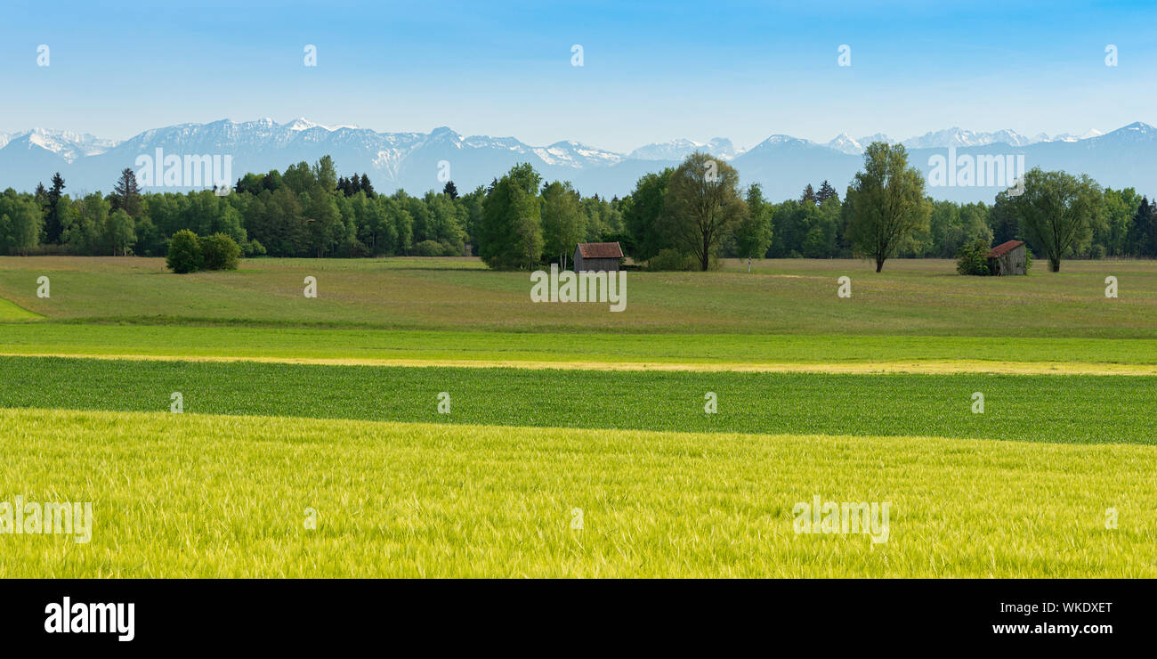 Panoramablick auf die malerischen Lake View mit frischen Frühling Wiesen und verschneite Berggipfel im Bayerischen Hof region Stockfoto