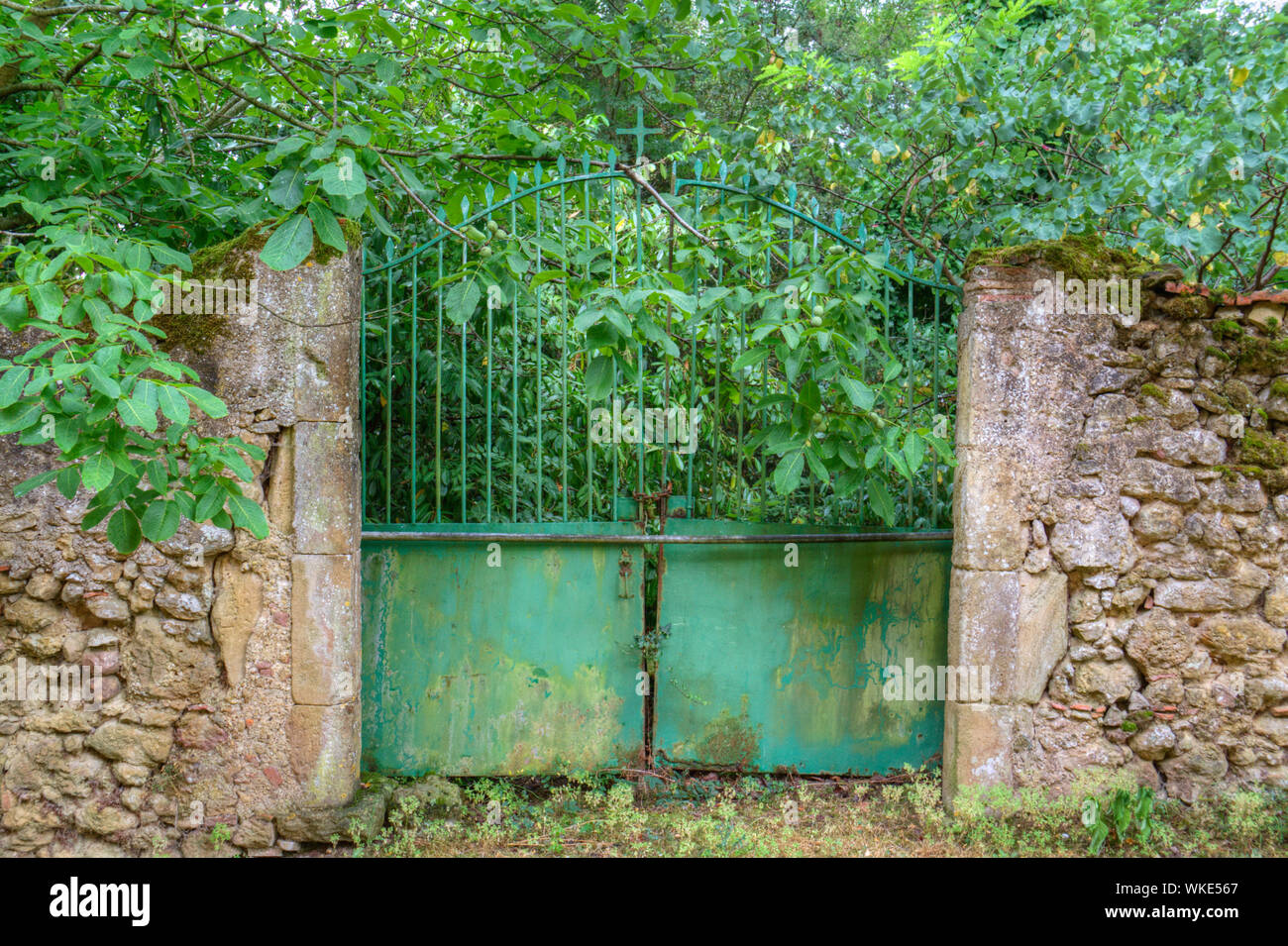 Geschlossene eiserne Tor eines vernachlässigten und bewachsene Französischer Friedhof mit einer Steinmauer Stockfoto