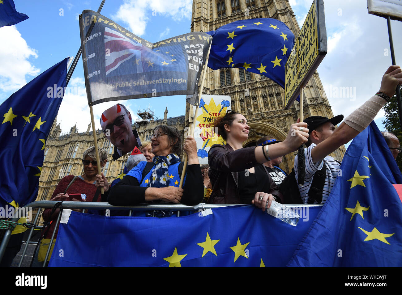 Brexit Demonstranten vor dem Parlament in Westminster, London. Stockfoto