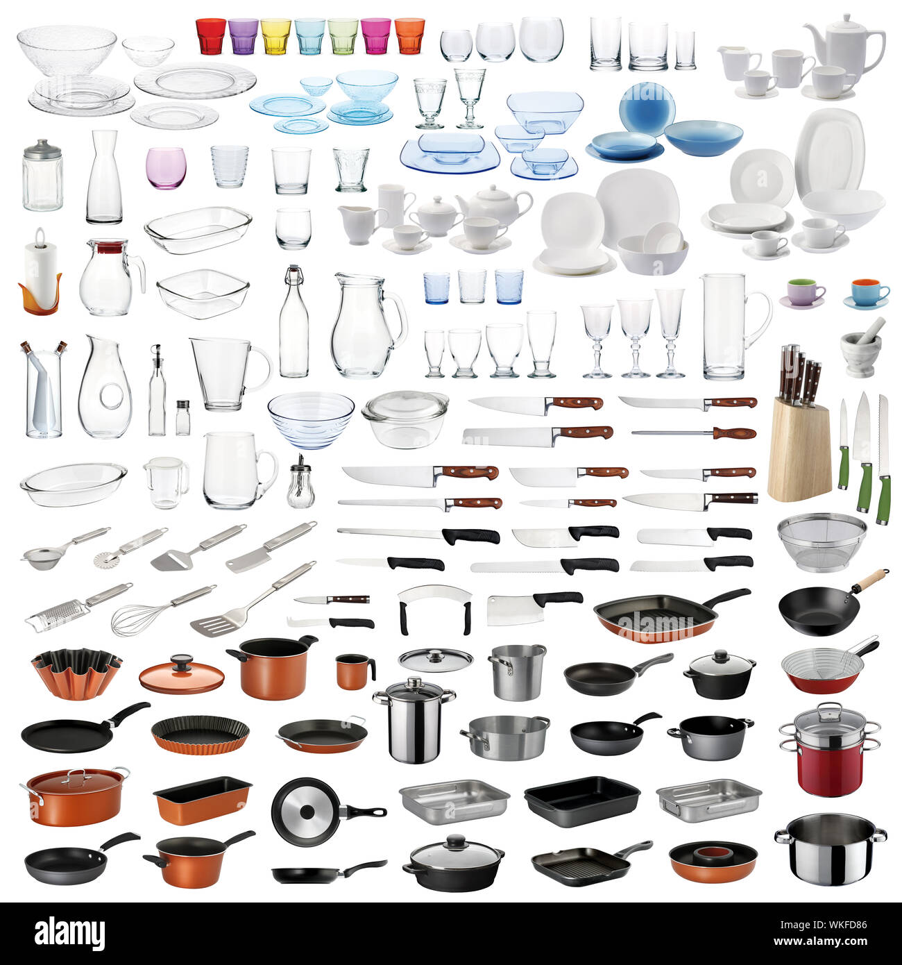 Geschirr set mit Kochen/Essen servieren Kochutensilien und Geschirr auf weißem Hintergrund. Stockfoto
