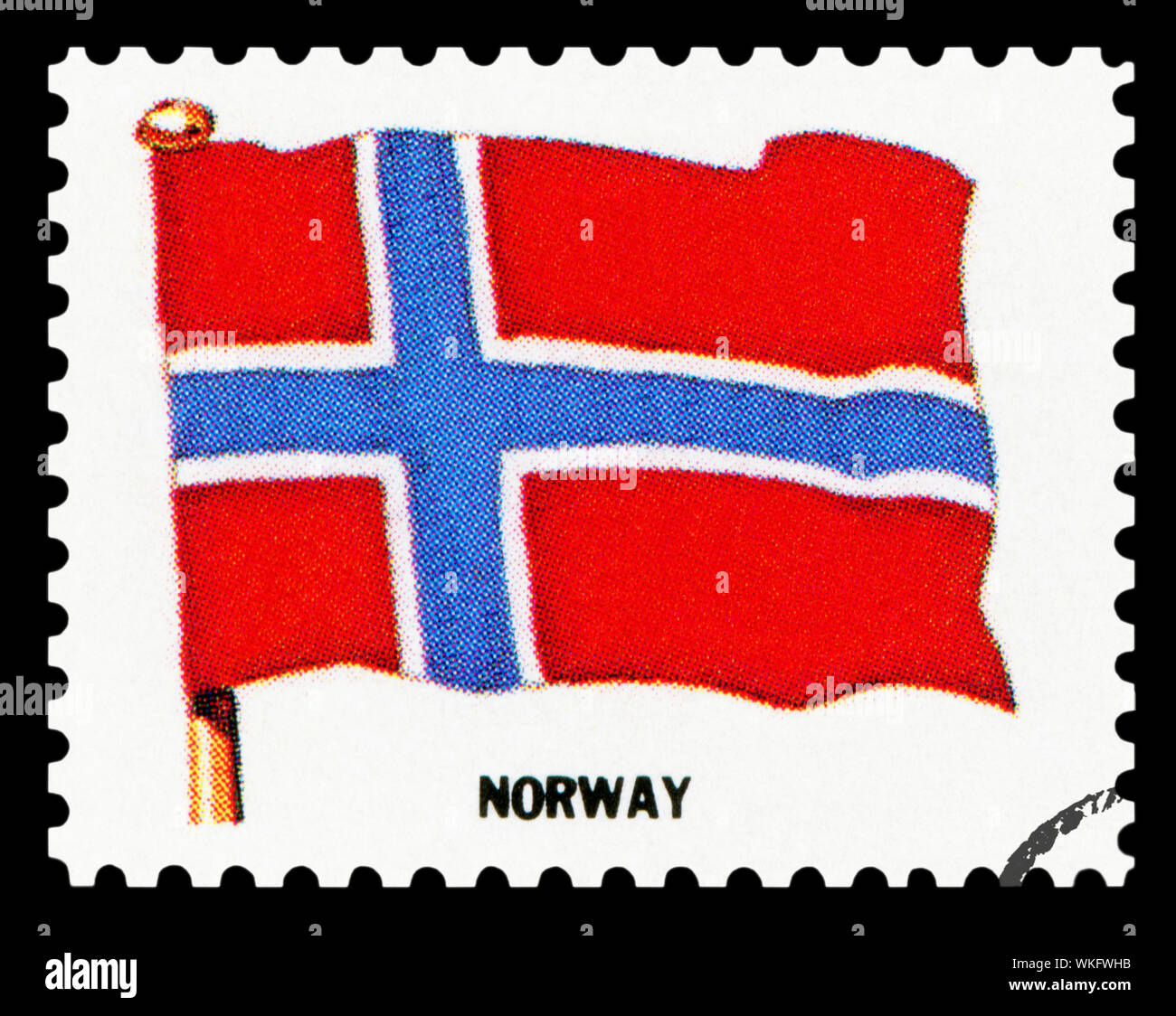 Norwegen Flagge - Briefmarke isoliert auf schwarzen Hintergrund. Stockfoto