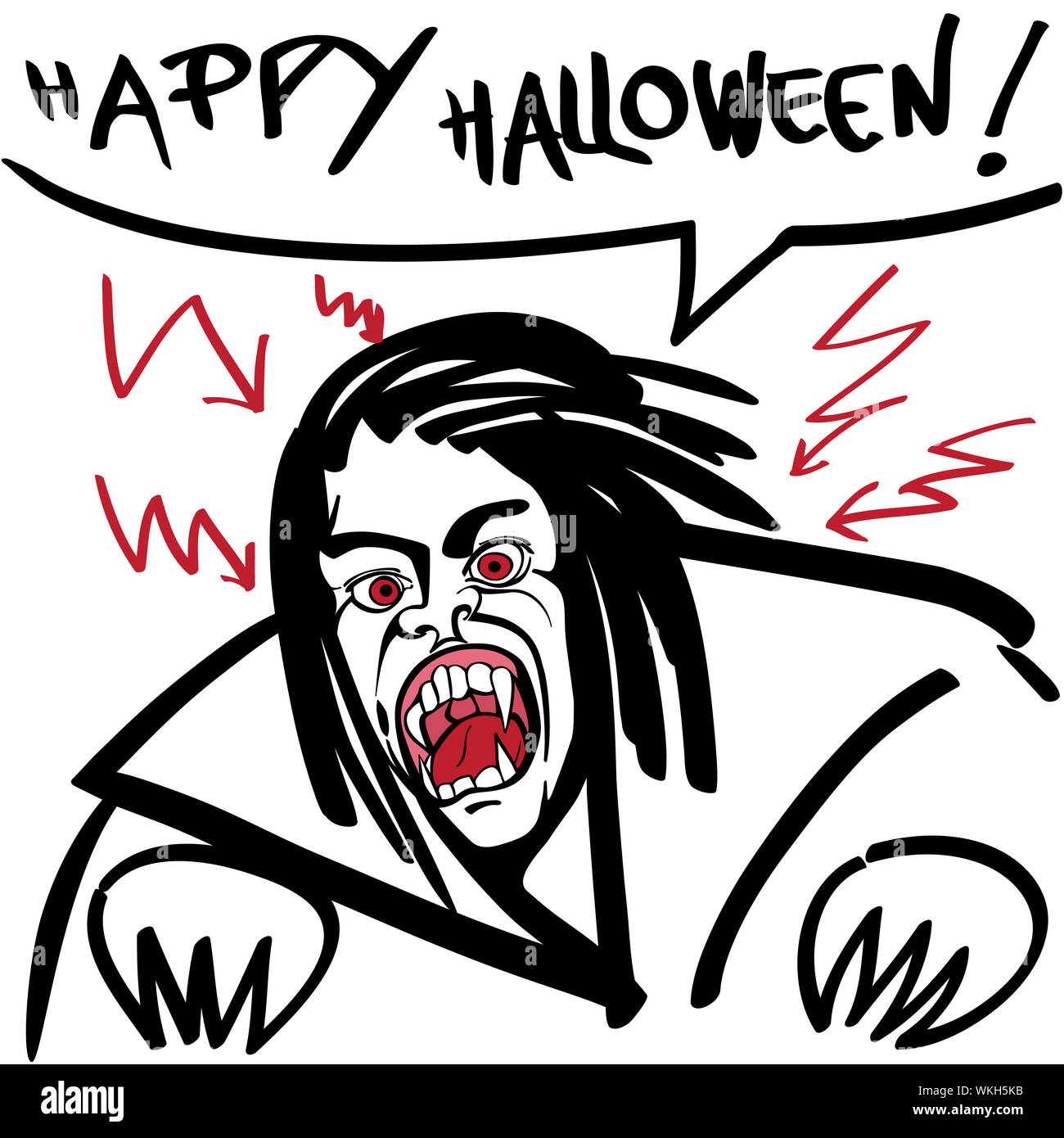 Happy Halloween-Abbildung eines Vampirs hand gezeichnete Doodle mit roten Blitzen und Comics Sprechblase auf weiß Stockfoto