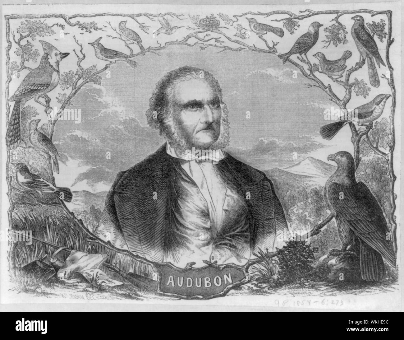 John James Audubon, 1785-1851, Kopf und Schultern hoch, nach rechts in oval Memorial portrait umsäumt von Vogel Vignetten Stockfoto