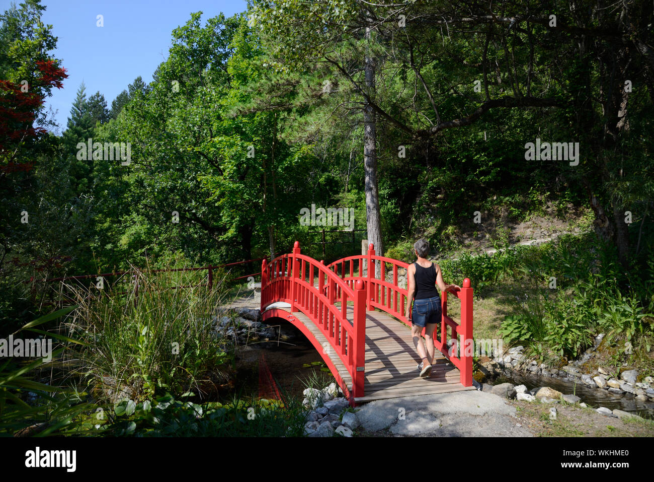 Touristische oder Frau Kreuzung rot Holz- japanische Brücke im Japanischen Garten von Kamaishi Musée Promenade Digne-les-Bains Alpes-de-Haute-Provence Provence Stockfoto