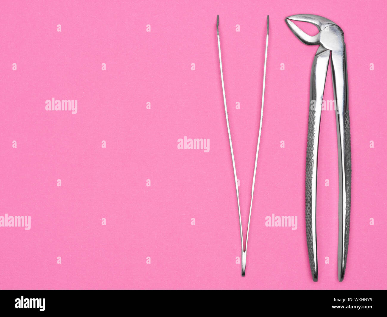 Zahnärztliche chirurgische Instrument auf rosa Hintergrund mit Copyspace. Zahnpflege Konzept Stockfoto