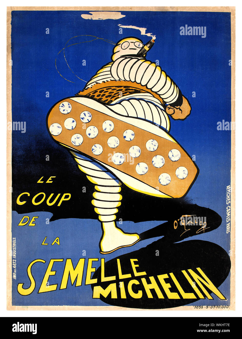 MICHELIN Jahrgang 1900 Plakat "Le Coup de la Semelle Michelin", 1905 Farblithographie "Sole" die Michelin Reifen mit Spikes. Die neue "Michelin Sole Lauffläche mit schuhnägeln wurde eingeführt, der Grip und die Lebensdauer der Reifen zu verbessern. O'Galop, Pseudonym von Marius Rossillon war ein französischer Künstler und Karikaturist, am besten für die Erstellung von Bibendum, die Michelin. Stockfoto
