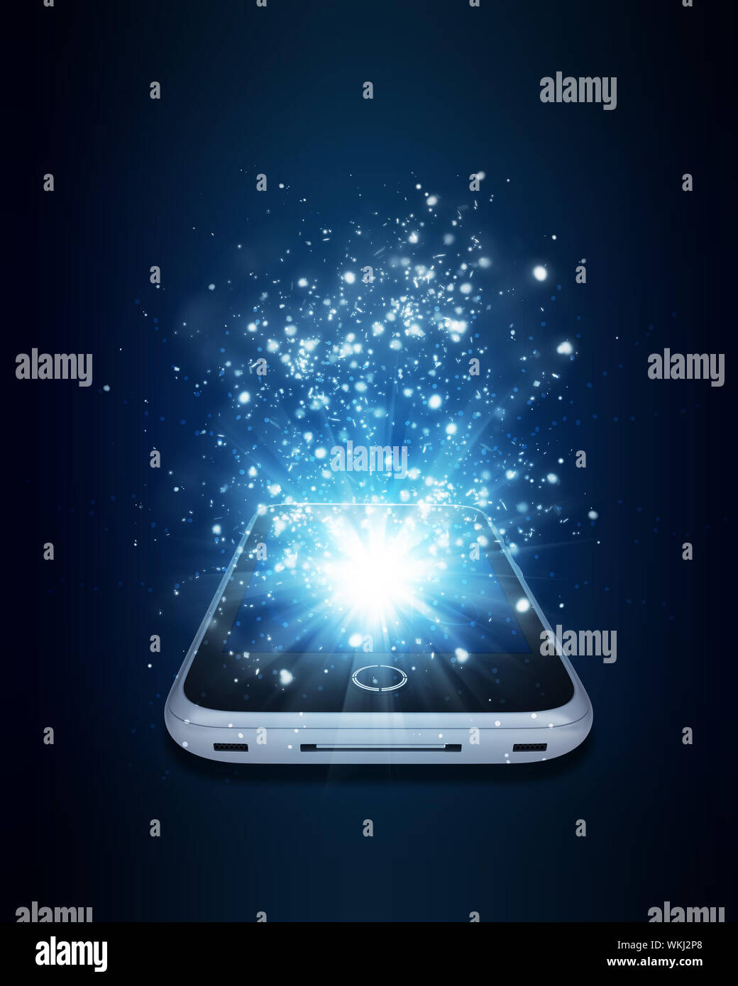 Smart Phone mit magischen Licht und Sternschnuppen. Dunkler Hintergrund Stockfoto