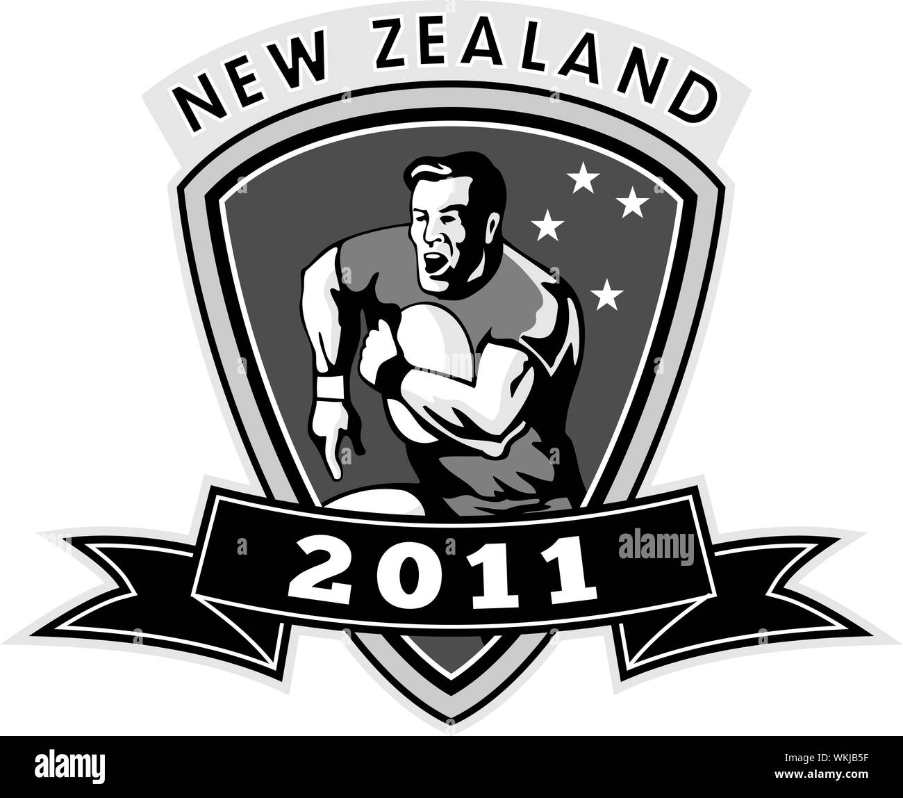 Beispiel für ein Rugby-Spieler mit Ball in Schild mit Worten Neuseeland 2011 Stockfoto