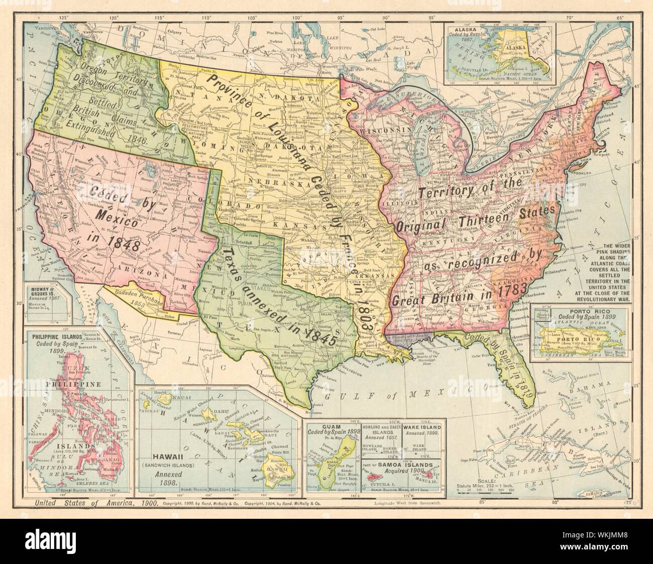 USA territoriale Entwicklung. Gadsden/Louisiana Purchase. RAND MCNALLY 1906 Karte Stockfoto