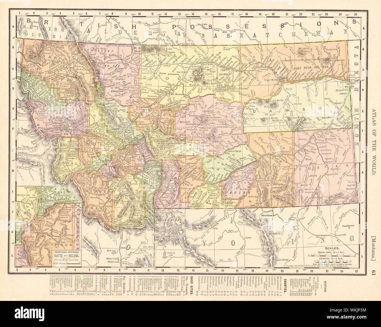 Montana State map Grafschaften angezeigt. Yellowstone. RAND MCNALLY 1906 alte Stockfoto