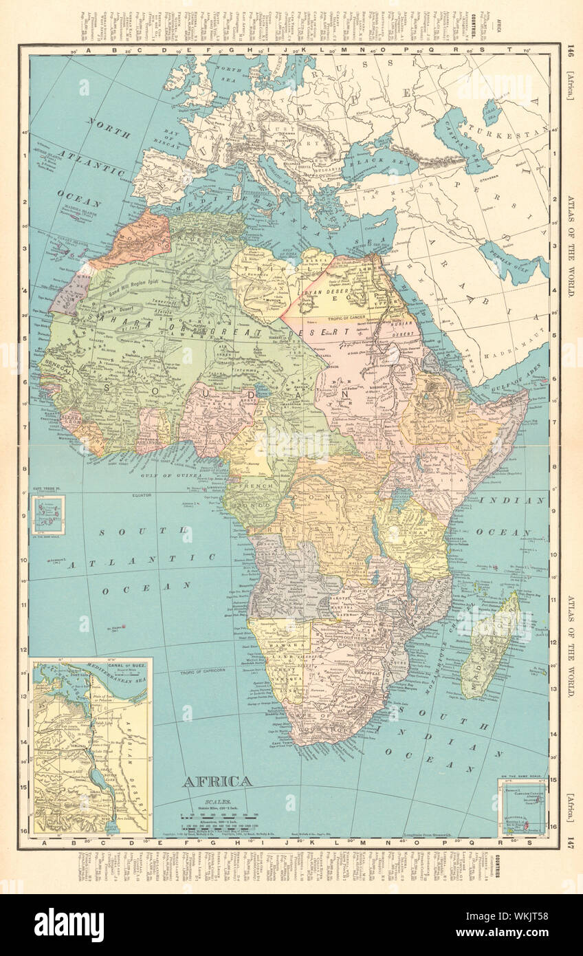 Koloniale Afrika französisch Freistaat Kongo Rhodesien RAND MCNALLY 1906 alte Karte Stockfoto