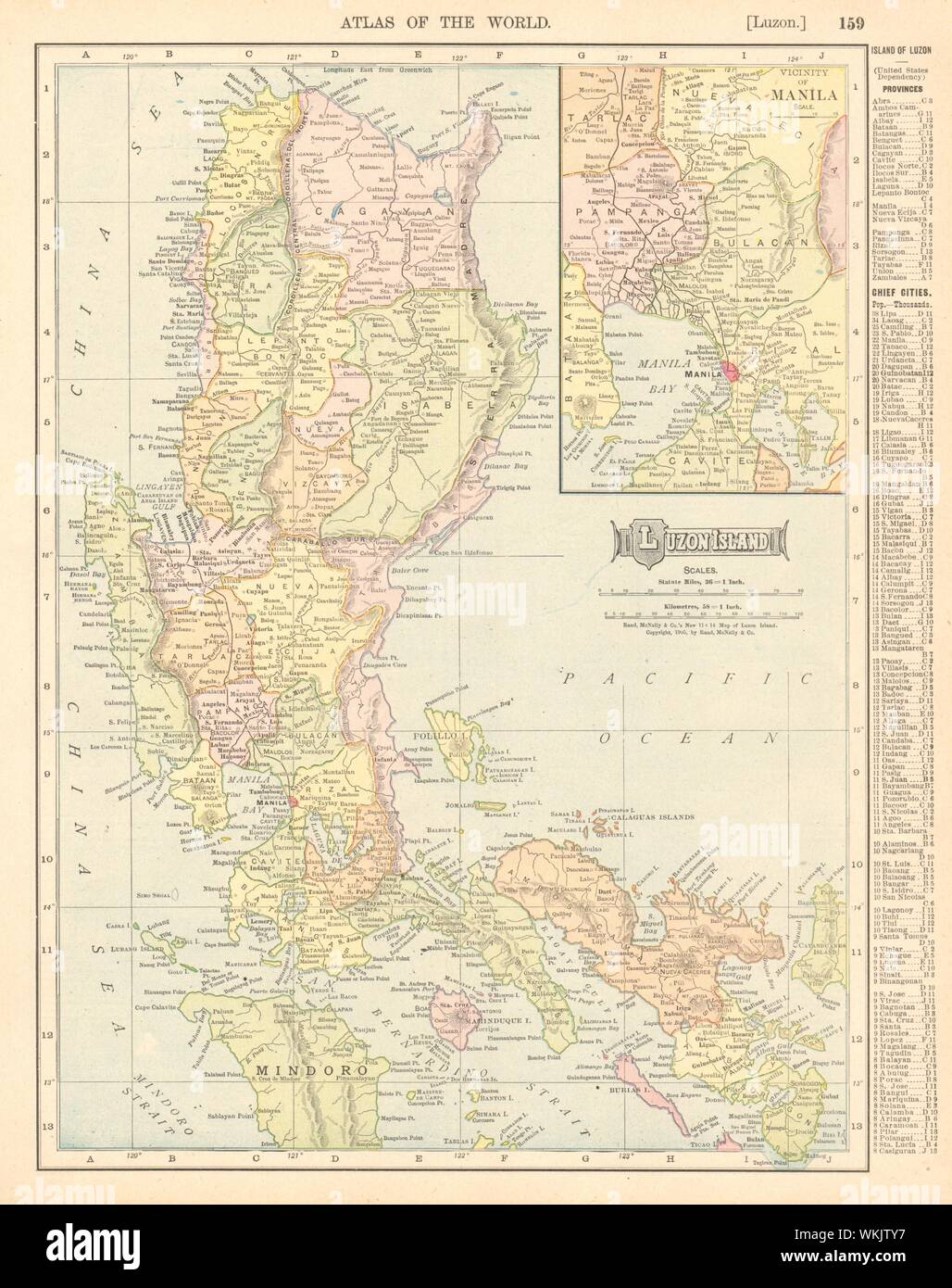 Insel Luzon. Philippinen. Manila Umgebung. RAND MCNALLY 1906 alte antike Karte Stockfoto