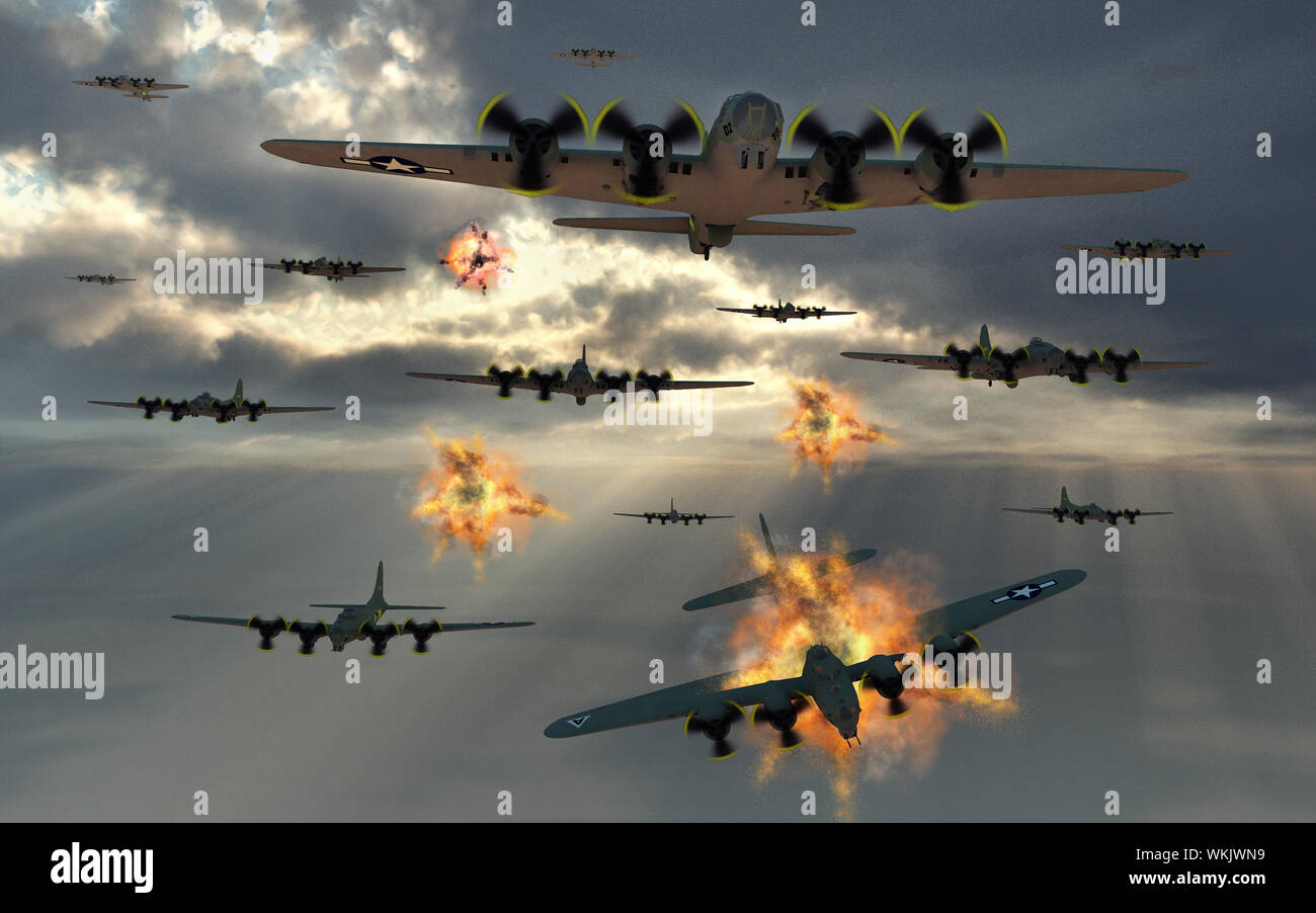 B17 Bomber fliegen durch die Flak. Stockfoto