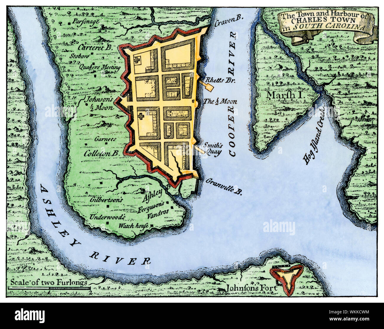 Plan von Charleston, South Carolina, 1732. Hand - farbige Holzschnitt Stockfoto
