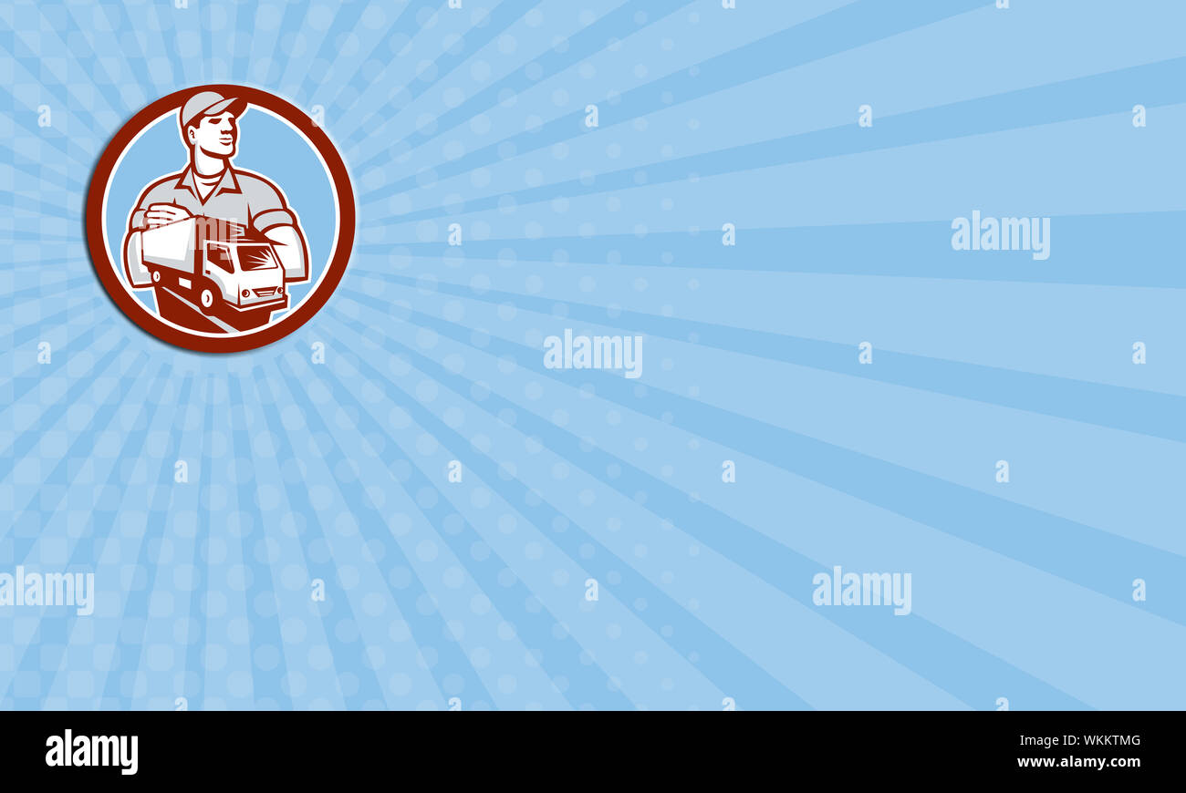 Business Karte zeigt Abbildung eines Ausbau mann Lieferung Kerl mit beweglichen Lkw van Set innerhalb des Kreises auf isolierten Hintergrund im Retro Stil. Stockfoto