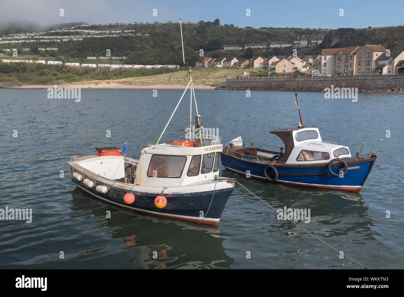 Kleine Fischerboote im Hafen von Pettycur Bay, Kinghorn, Fife, Schottland Stockfoto