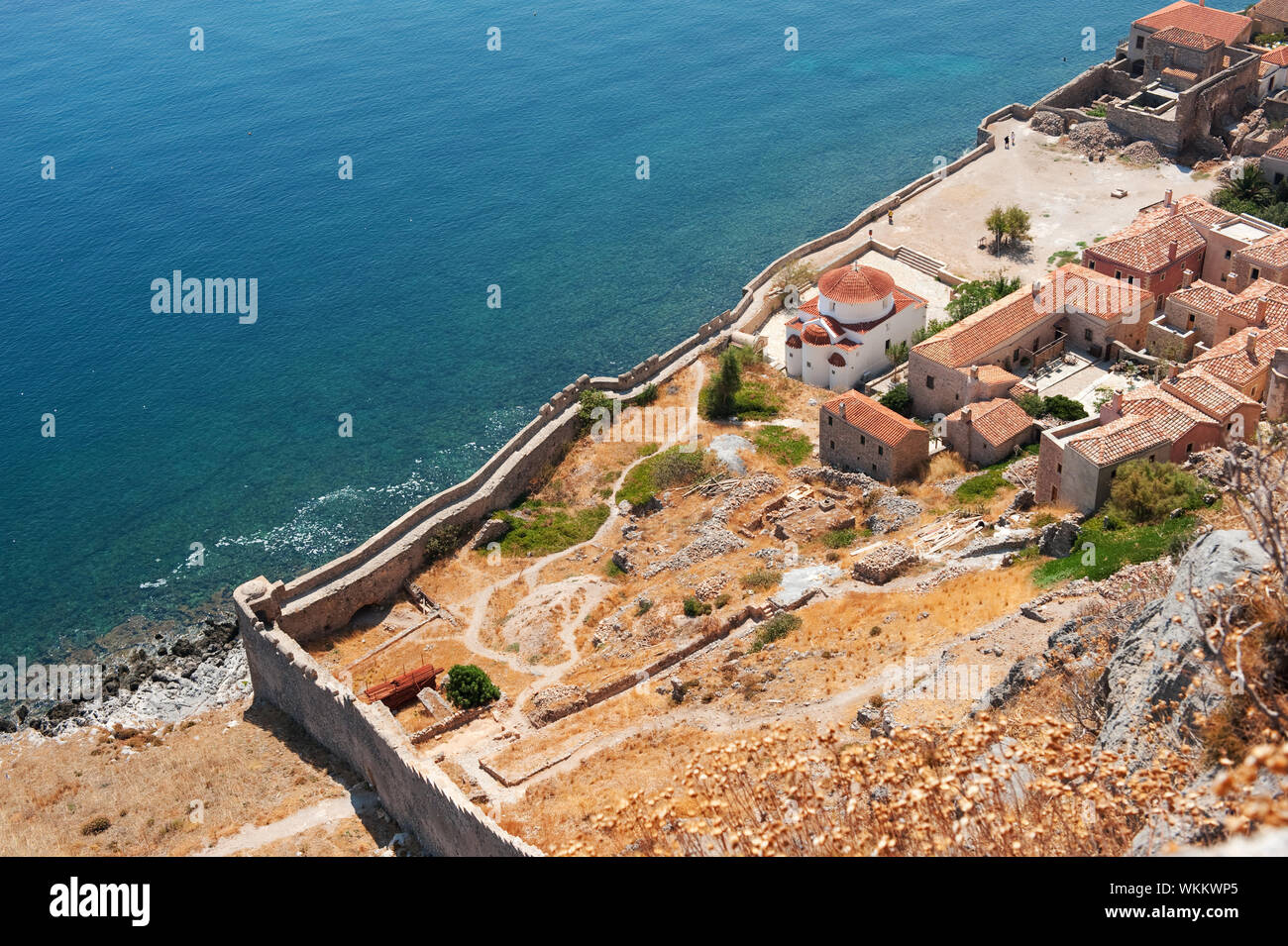 Blick auf die Innenstadt von Monemvasia auf dem griechischen Peloponnes Stockfoto