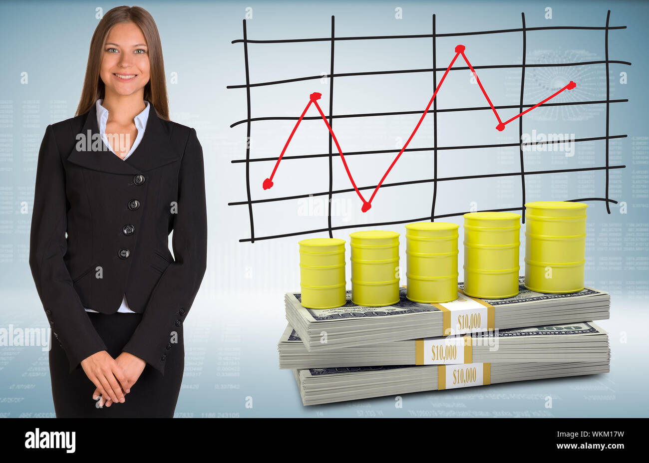 Mit fässern Gas und Geld Geschäftsfrau. Zeitplan für Preiserhöhungen im Hintergrund Stockfoto