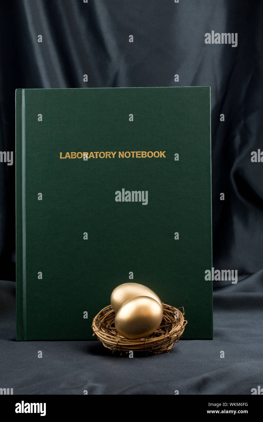 Fortschritte, die durch wissenschaftliche Arbeit bringen finanzielle Belohnungen in Golden Nest Eier und Labor notebook symbolisiert Stockfoto