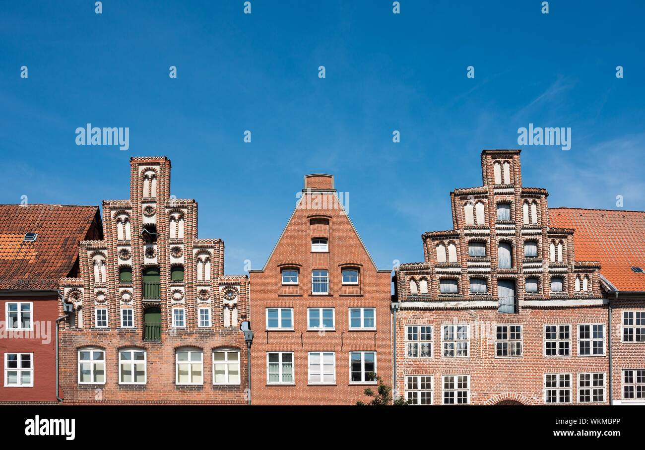 Giebel, Norddeutschen Giebelhäuser, historischen Bürgerhäusern und Häuser Kaufmannshäuser, Am Sande, Altstadt, Lüneburg, Niedersachsen, Deutschland Stockfoto