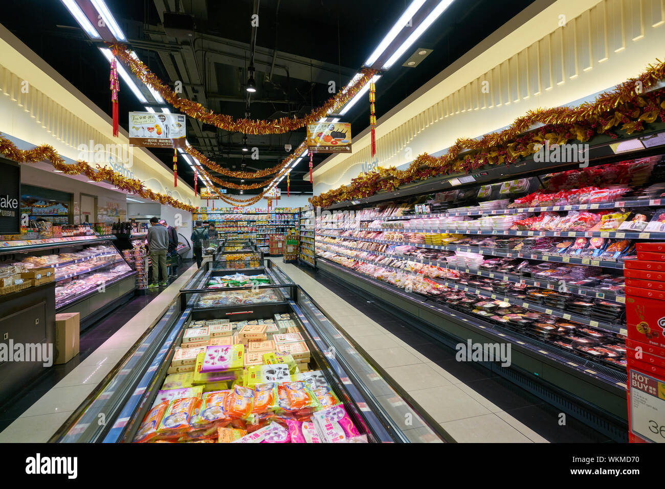 Hongkong, China - ca. Februar 2019: Innere Aufnahme der Marktplatz von Jasons Supermarkt, von Dairy Farm Gruppe. Stockfoto