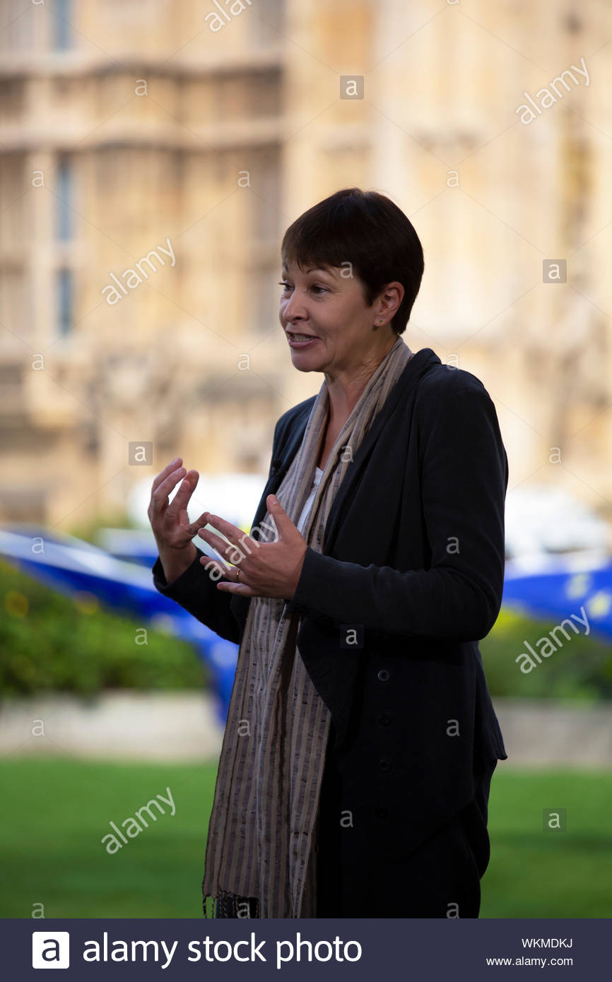 Grün MP Caroline Lucas an der Westminster beim Geben ein Interview über die Brexit Krise Stockfoto