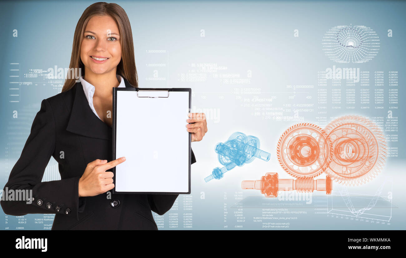 Geschäftsfrau holding Papierhalter. High-tech-wire-frame Zahnräder und Grafiken als Hintergrund Stockfoto