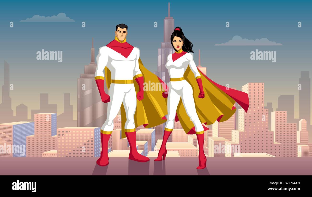 Superhelden Paar asiatischen Stadt Tag Stock Vektor