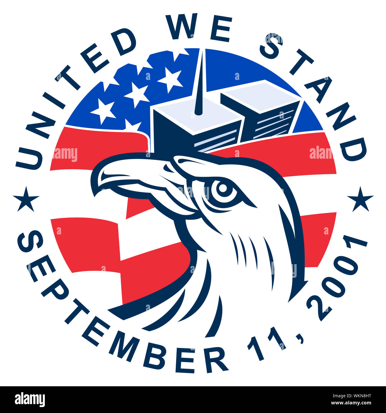 Abbildung eines amerikanischen Weißkopfadler mit Usa Fahne Stars and Stripes und 9-11 World Trade Center Twin Tower Gebäude mit Worten United wir stan Stockfoto