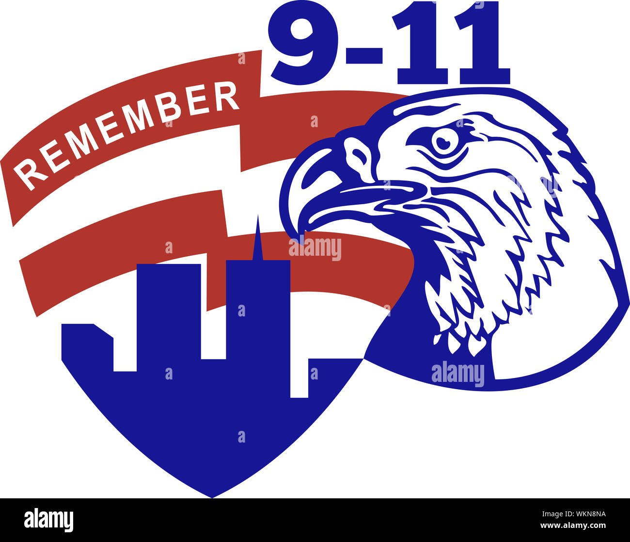 Abbildung eines amerikanischen Weißkopfadler mit Usa Fahne Stars and Stripes und 9-11 World Trade Center Twin Tower Gebäude mit Worten 9-11 Erinnern Stockfoto