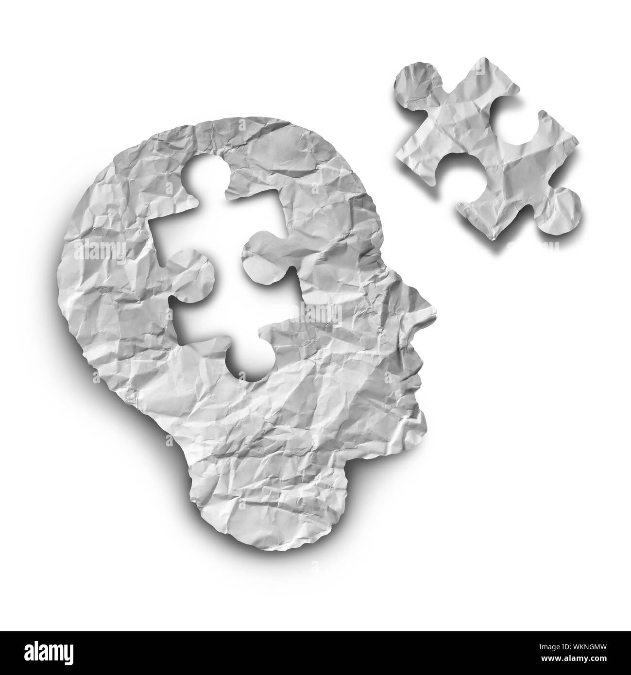 Puzzle verstand und Idee Konzept als Papier Person mit einem Puzzlestück in einem 3D-Illustration Stil fehlt. Stockfoto