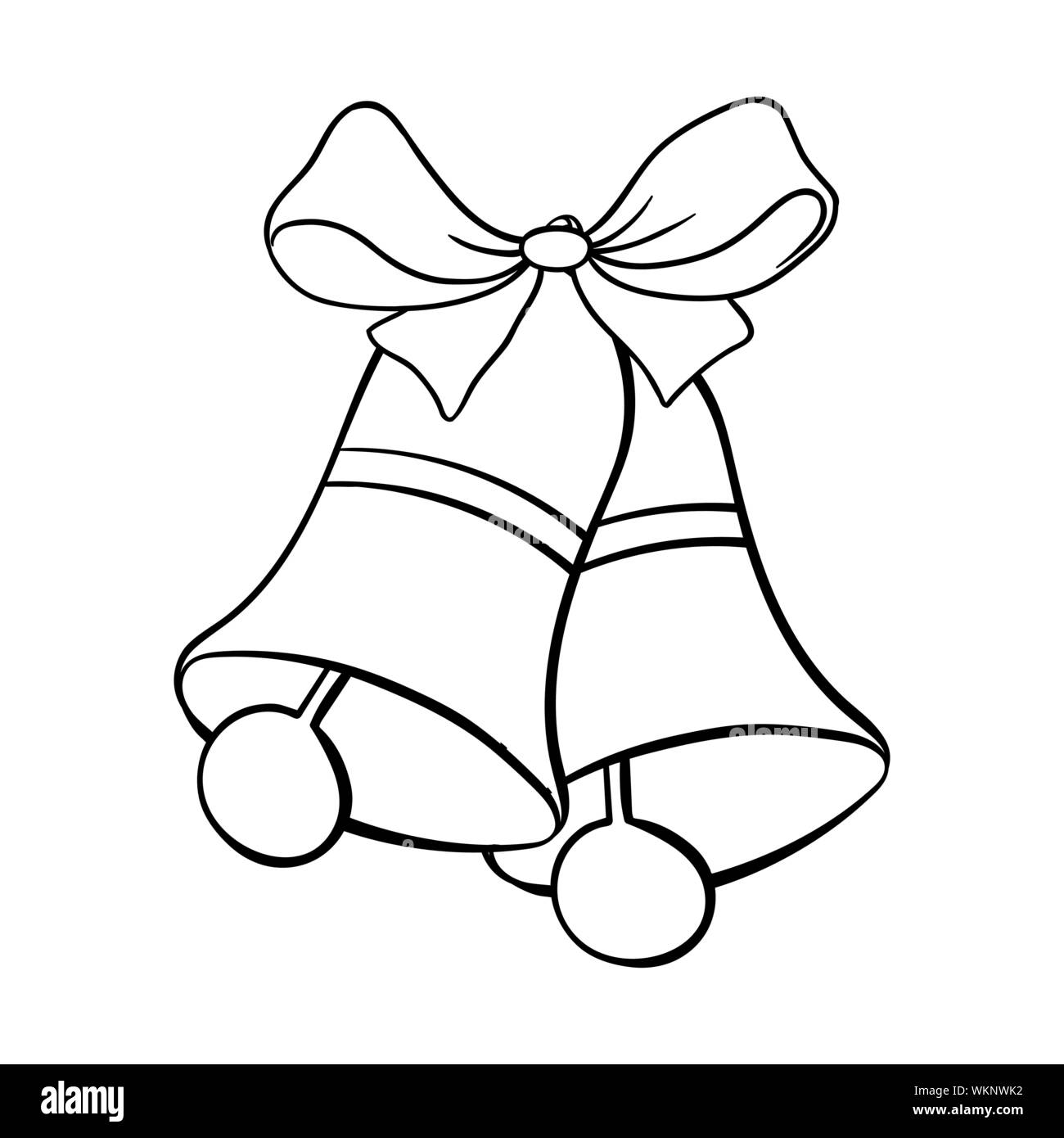 Jingle bells Hand gezeichnet Vector Illustration. Zwei festliche Handglocken erklingen lässt mit Schleife Färbung Bild. Winterferien, Weihnachten Feier das Symbol. Traditionelle Weihnachten Zubehör Zeichnung Stock Vektor